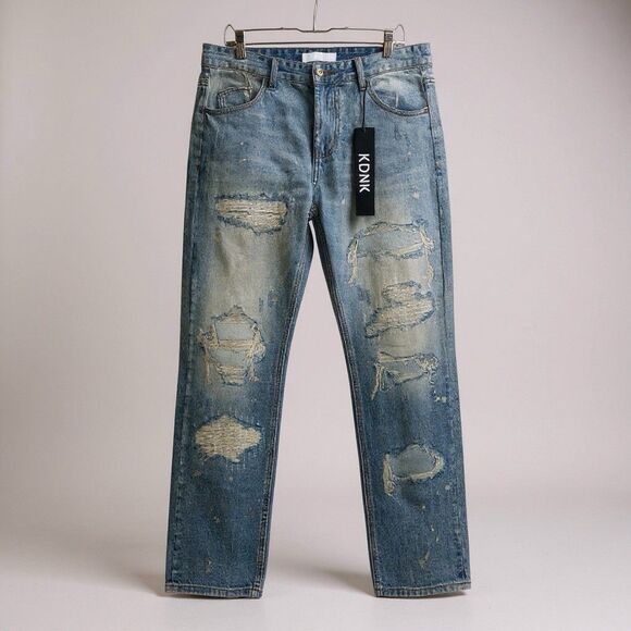 KDNK Jeans Men 34x31 Blue Ripped Distressed Straight Punk Grunge Relaxed - Picture 1 of 13